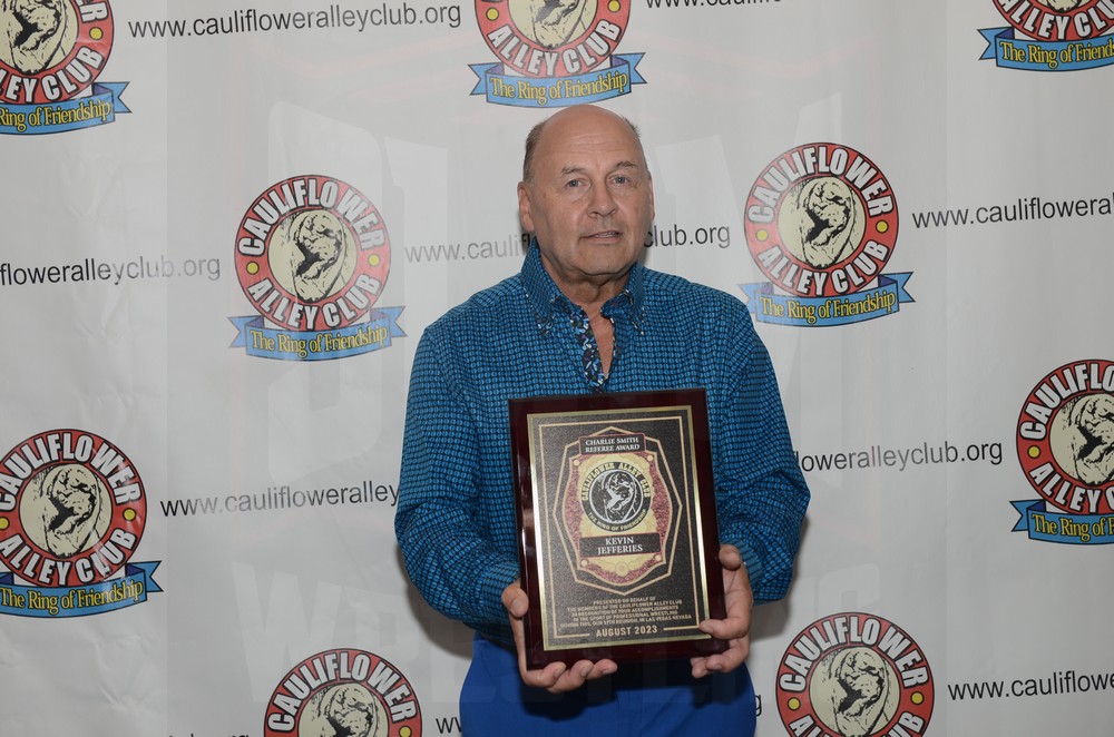 Charlie Smith Referee Award winner Kevin Jefferies at the Cauliflower Alley Club banquet on Wednesday, August 30, 2023, at the Plaza Hotel & Casino in Las Vegas. Photo by Brad McFarlin