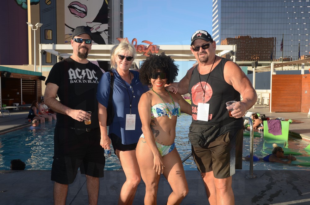 Shawn J. Colonna, Fantasy, La Rosa Negra and Cuban Assassin Dave Sierra at the pool party at the Cauliflower Alley Club reunion on Monday, August 28, 2023, at the Plaza Hotel & Casino in Las Vegas. Photo by Brad McFarlin
