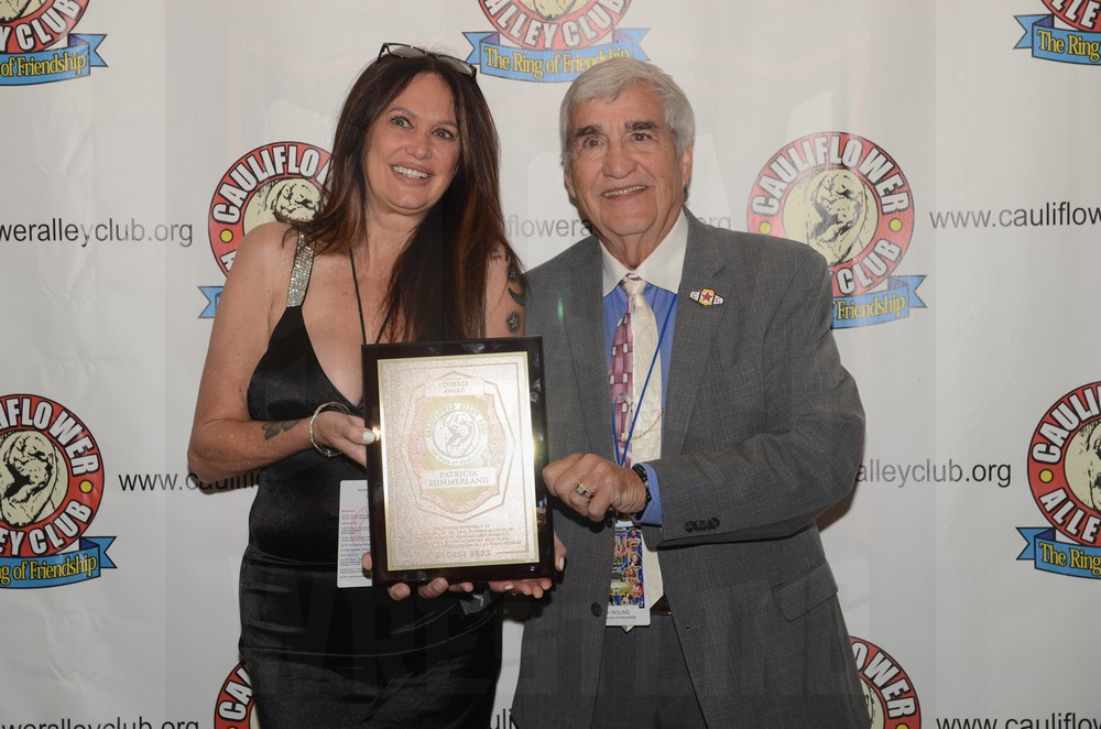 Patricia Sutherland, aka Sunny the California Girl from GLOW and Rich Ingling with her Courage Award at the Cauliflower Alley Club Baloney Blowout on Tuesday, August 29, 2023, at the Plaza Hotel & Casino in Las Vegas. Photo by Brad McFarlin