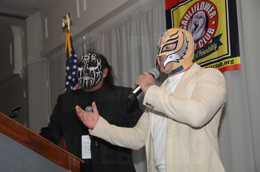 Damian 666 and Rey Mysterio Jr. at the Cauliflower Alley Club banquet on Wednesday, August 30, 2023, at the Plaza Hotel & Casino in Las Vegas. Photo by Brad McFarlin