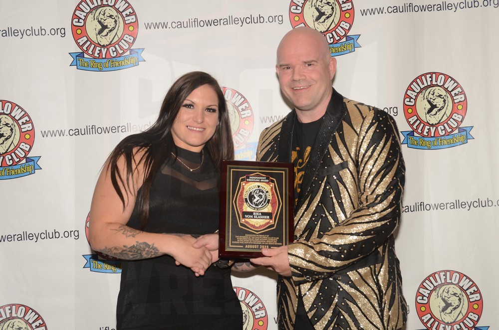 Riea Von Slasher and Vance Nevada at the Cauliflower Alley Club Baloney Blowout on Tuesday, August 29, 2023, at the Plaza Hotel & Casino in Las Vegas. Photo by Brad McFarlin