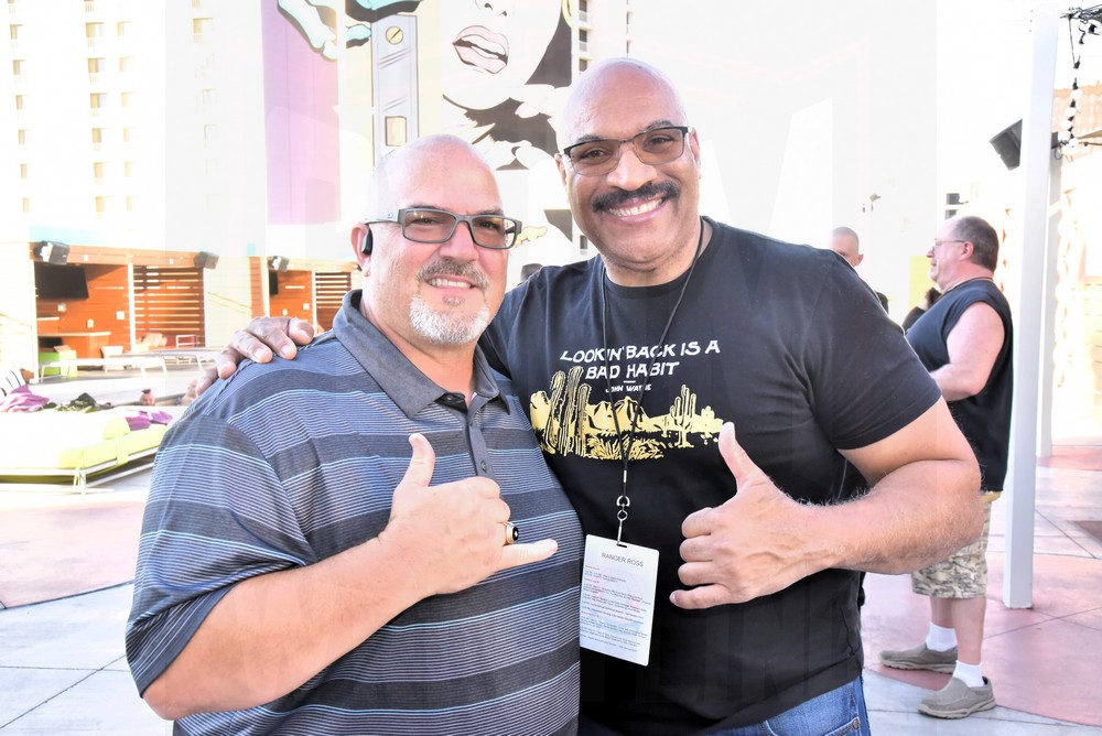Robert Walker (son of Johnny Walker / Mr. Wrestling II) and Ranger Ross at the pool party at the Cauliflower Alley Club reunion on Monday, August 28, 2023, at the Plaza Hotel & Casino in Las Vegas. Photo by Scott Romer