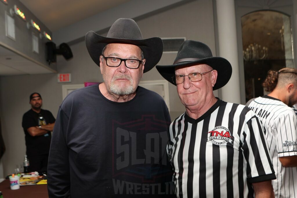 Jim Ross and Earl Hebner at WrestleBash 2 on Sunday, August 20, 2023, at the DoubleTree by Hilton Fairfield Hotel and Suites in Fairfield, New Jersey. Photo by George Tahinos, georgetahinos.smugmug.com