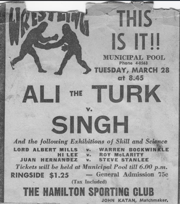 Ali the Turk vs Nanjo Singh at the Municipal Pool in Hamilton, Ontario, on March 28, 1950.
