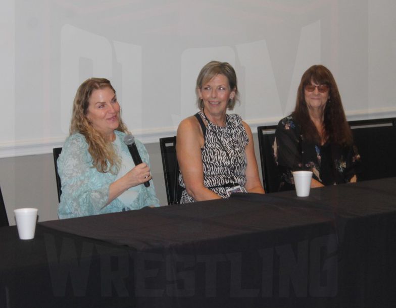 A panel on family in wrestling with Pamela Morrison (daughter of JJ Dillon), Paige Sutherland (daughter of Kurt Von Hess) and Barbara Goodish (widow of Bruiser Broday) at the Cauliflower Alley Club reunion on Wednesday, August 30, 2023, at the Plaza Hotel & Casino in Las Vegas. Photo by Greg Oliver