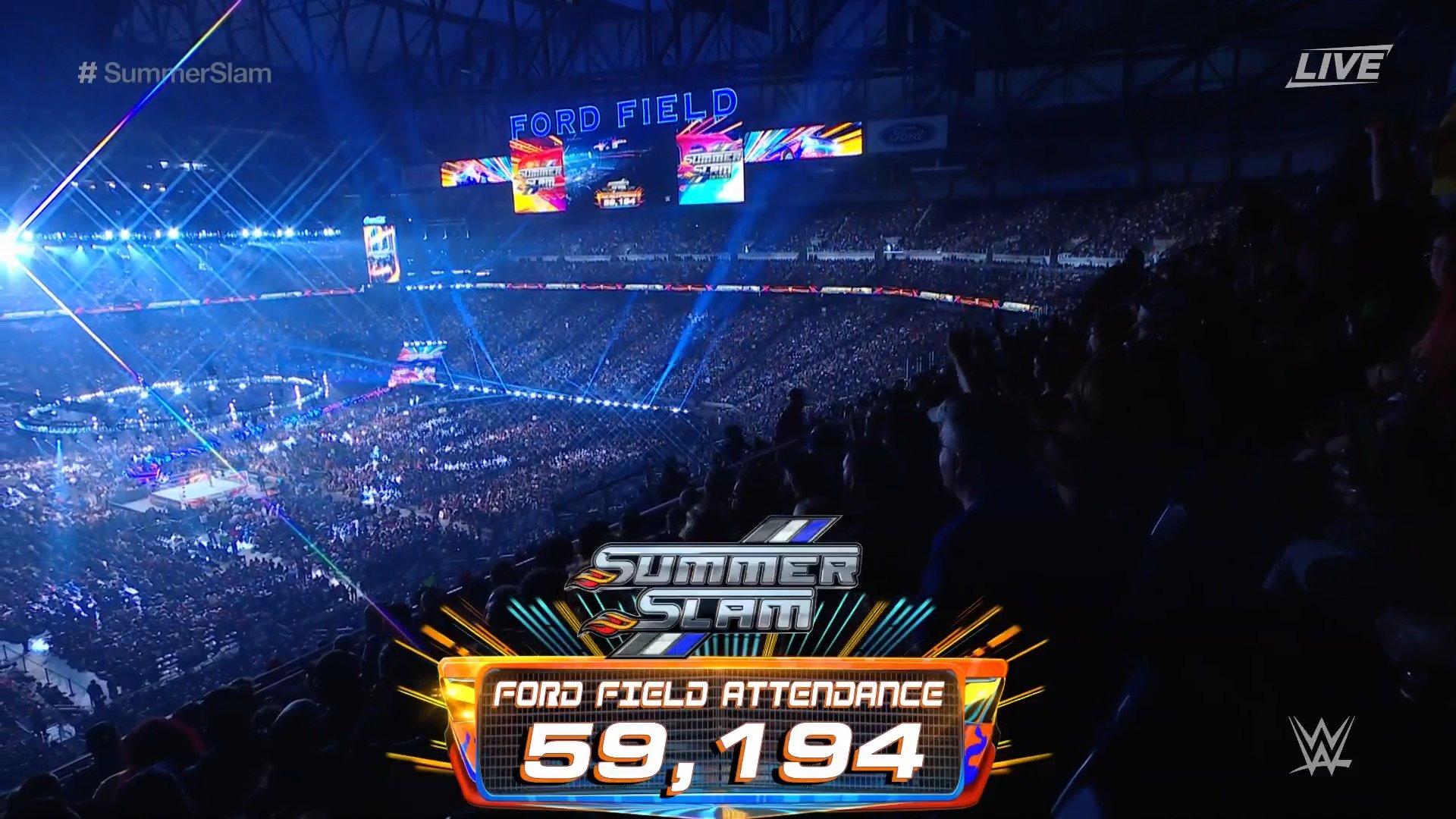 A screen shot of the announced attendance for WWE SummerSlam at Ford Field in Detroit.
