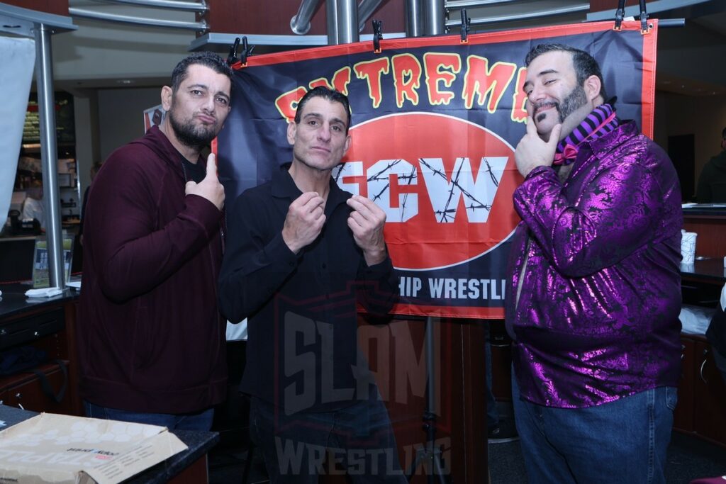 Chris Chetti, Little Guido and Joel Gertner at 90s Wrestling Con on Saturday, September 30, 2023, at Rockaway Townsquare, in Rockaway, New Jersey. Photo by George Tahinos, georgetahinos.smugmug.com
