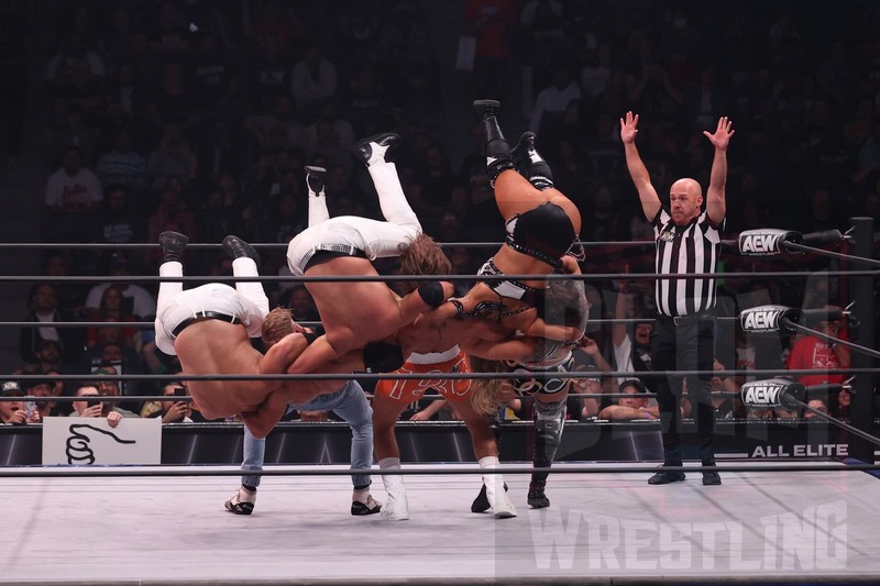 Hook, Orange Cassidy and Kris Statlander simultaneously suplex Anna Jay, Matt Menard and Angelo Parker at AEW Rampage, taped on Wednesday, September 20, 2023, at Arthur Ashe Stadium in Queens, NY, and aired on Friday, September 22, 2023. Photo by George Tahinos, https://georgetahinos.smugmug.com
