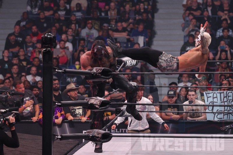 Darby Allin connects with Luchasaurus at AEW Rampage, taped on Wednesday, September 20, 2023, at Arthur Ashe Stadium in Queens, NY, and aired on Friday, September 22, 2023. Photo by George Tahinos, https://georgetahinos.smugmug.com