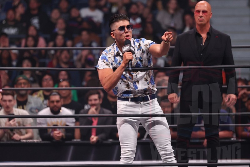 Sammy Guevera, with Don Callis, explains why he turned on Chris Jericho at AEW Rampage, taped on Wednesday, September 20, 2023, at Arthur Ashe Stadium in Queens, NY, and aired on Friday, September 22, 2023. Photo by George Tahinos, https://georgetahinos.smugmug.com