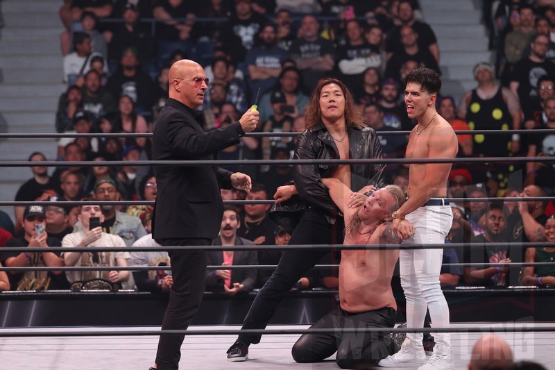 Don Callis plans evil as Sammy Guevera and Konosuke Takeshita hold Chris Jericho at AEW Rampage, taped on Wednesday, September 20, 2023, at Arthur Ashe Stadium in Queens, NY, and aired on Friday, September 22, 2023. Photo by George Tahinos, https://georgetahinos.smugmug.com