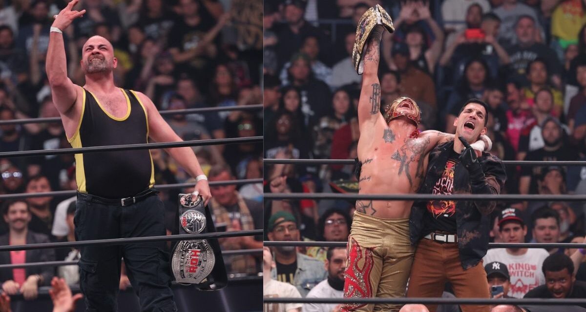 Two new champions at AEW Dynamite Grand Slam, on Wednesday, September 20, 2023, at Arthur Ashe Stadium in Queens, NY -- new ROH World champion Eddie Kingston and new AEW International Champion Rey Fenix (w/ Alex Abrahantes). Photos by George Tahinos, https://georgetahinos.smugmug.com
