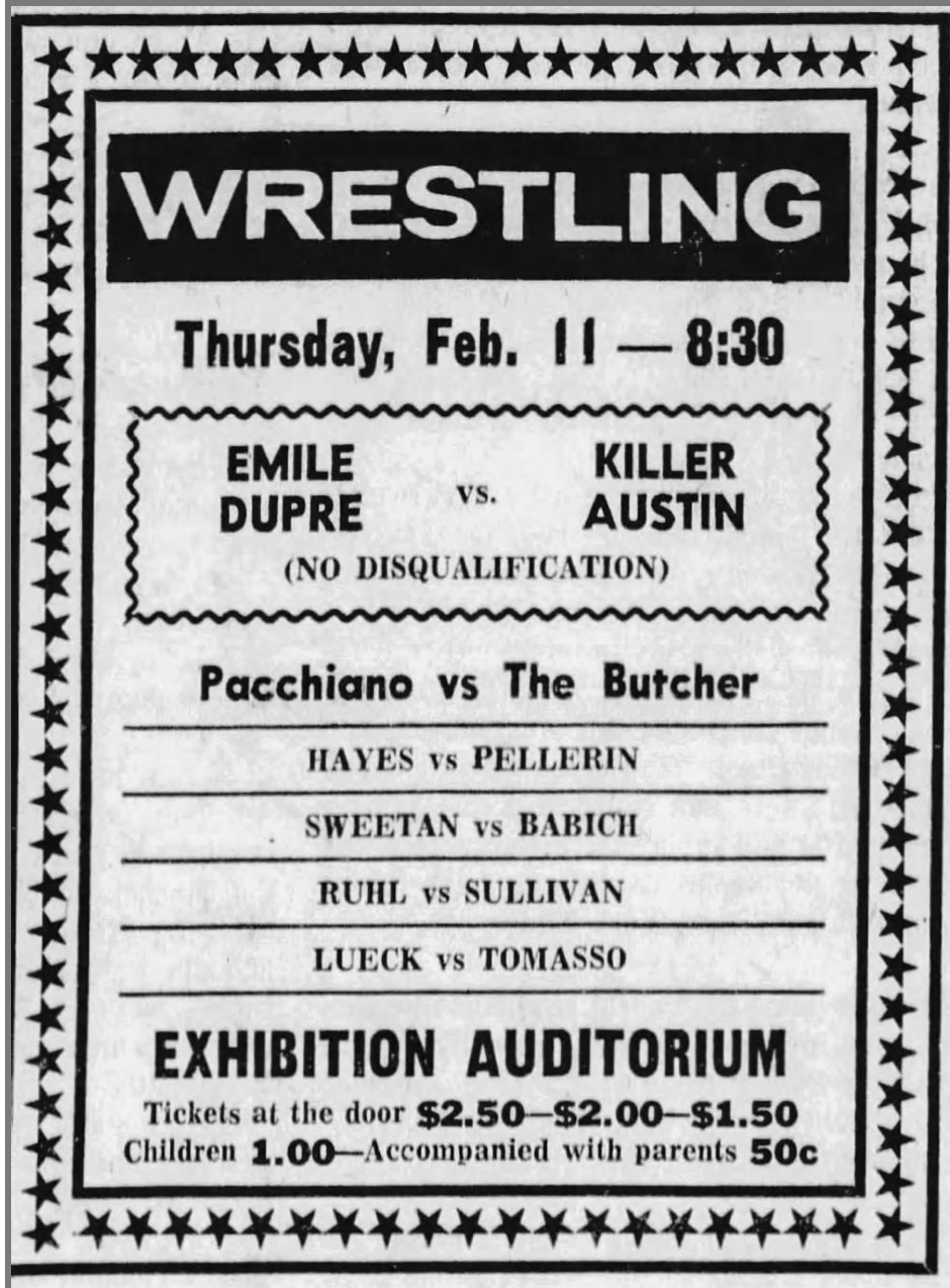 A Stampede Wrestling card on February 11, 1971 in Regina, Saskatchewan, with Emile Dupre headlining.