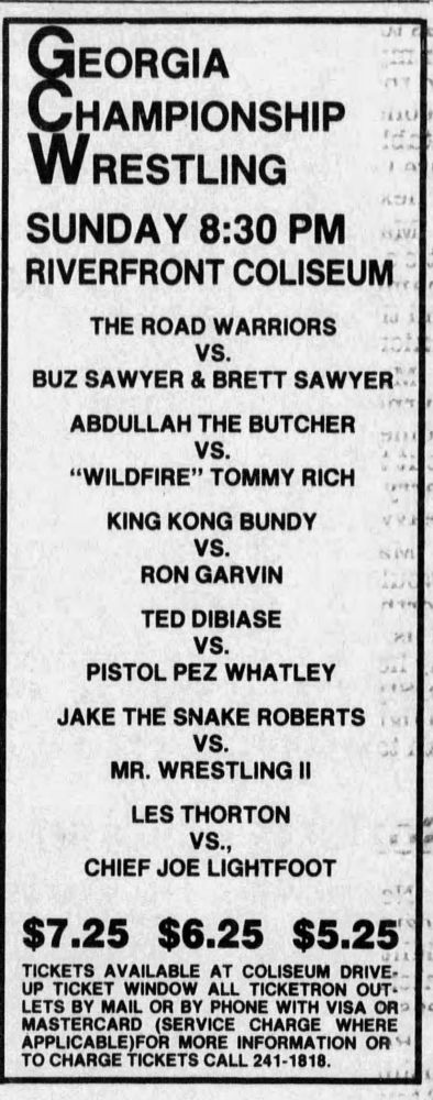 Georgia Championship Wrestling moves into Cincinnati, Ohio, on Sunday, November 27, 1983, at the Riverfront Coliseum. 