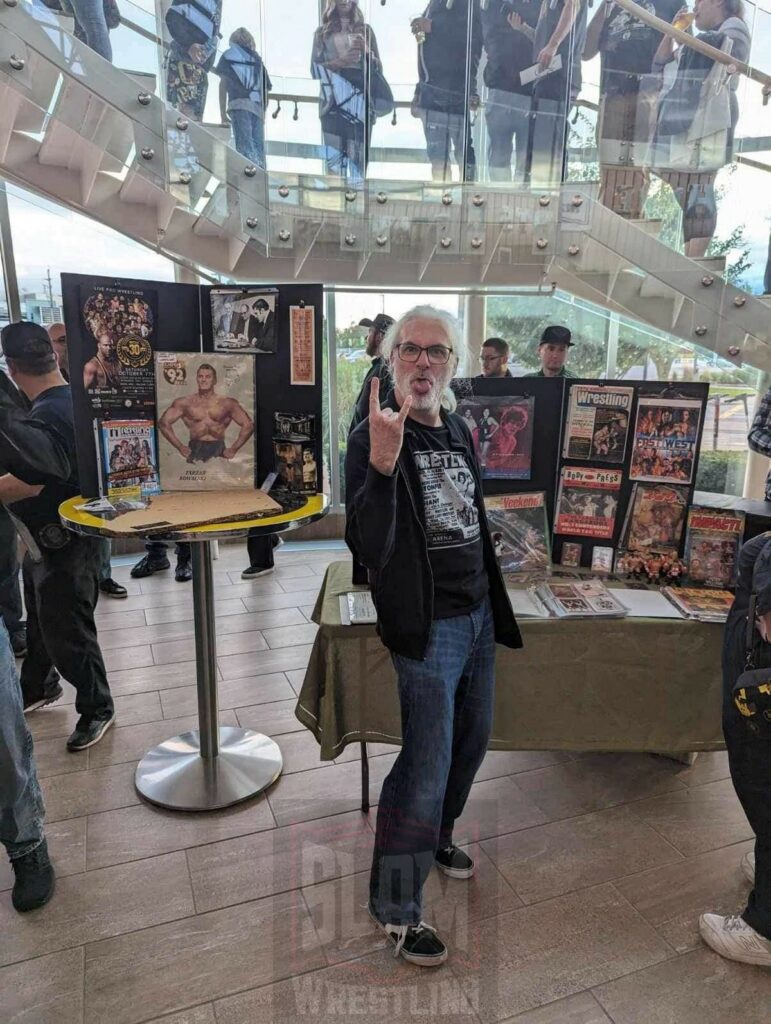 Jamie Greer displays Windsor's wrestling history at the Border City Wrestling 30th anniversary show on Saturday, October 7, 2023, at St. Clair College Sportsplex in Windsor, Ontario.