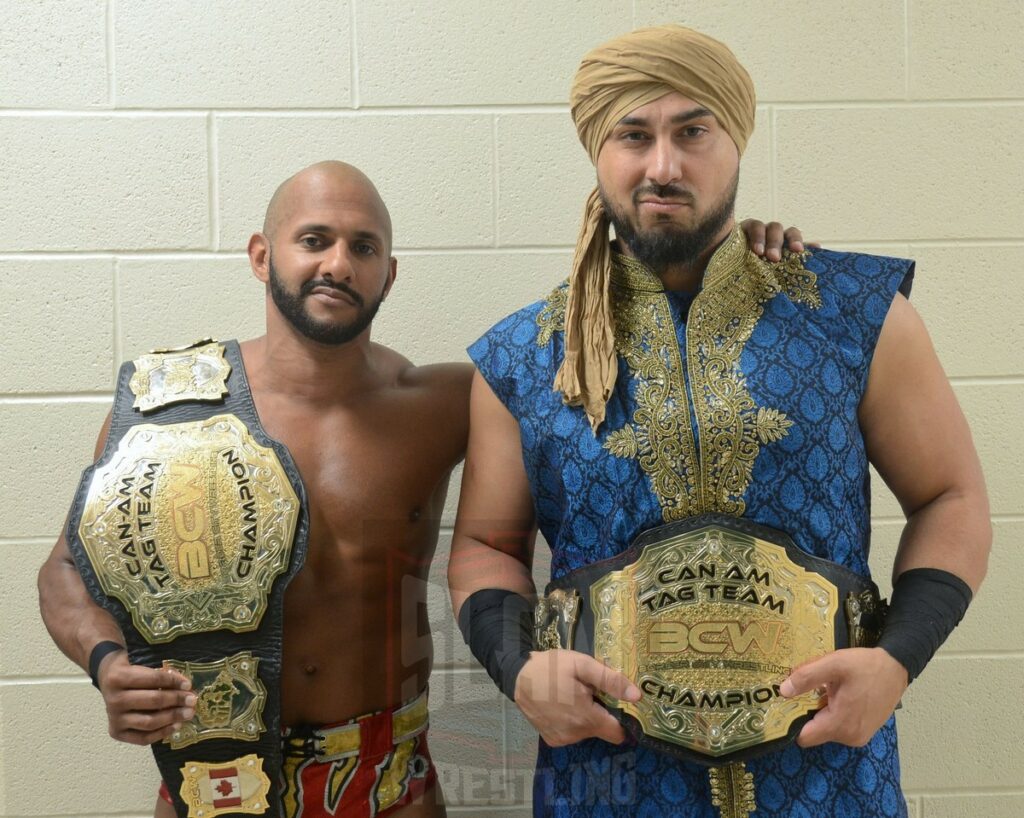 Desi Hit Squad (Rohit Raju & Champagne Singh) at the Border City Wrestling 30th anniversary show on Saturday, October 7, 2023, at St. Clair College Sportsplex in Windsor, Ontario. Photo by Brad McFarlin