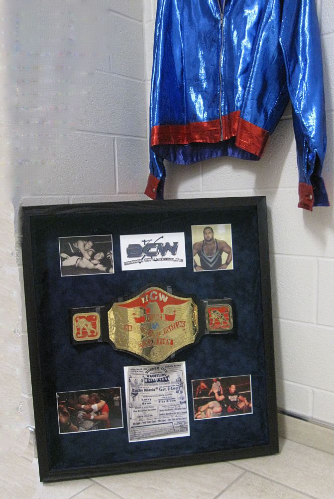 A display of Scott D'Amore memorabilia at the Border City Wrestling 30th anniversary show on Saturday, October 7, 2023, at St. Clair College Sportsplex in Windsor, Ontario. Photo by Brad McFarlin
