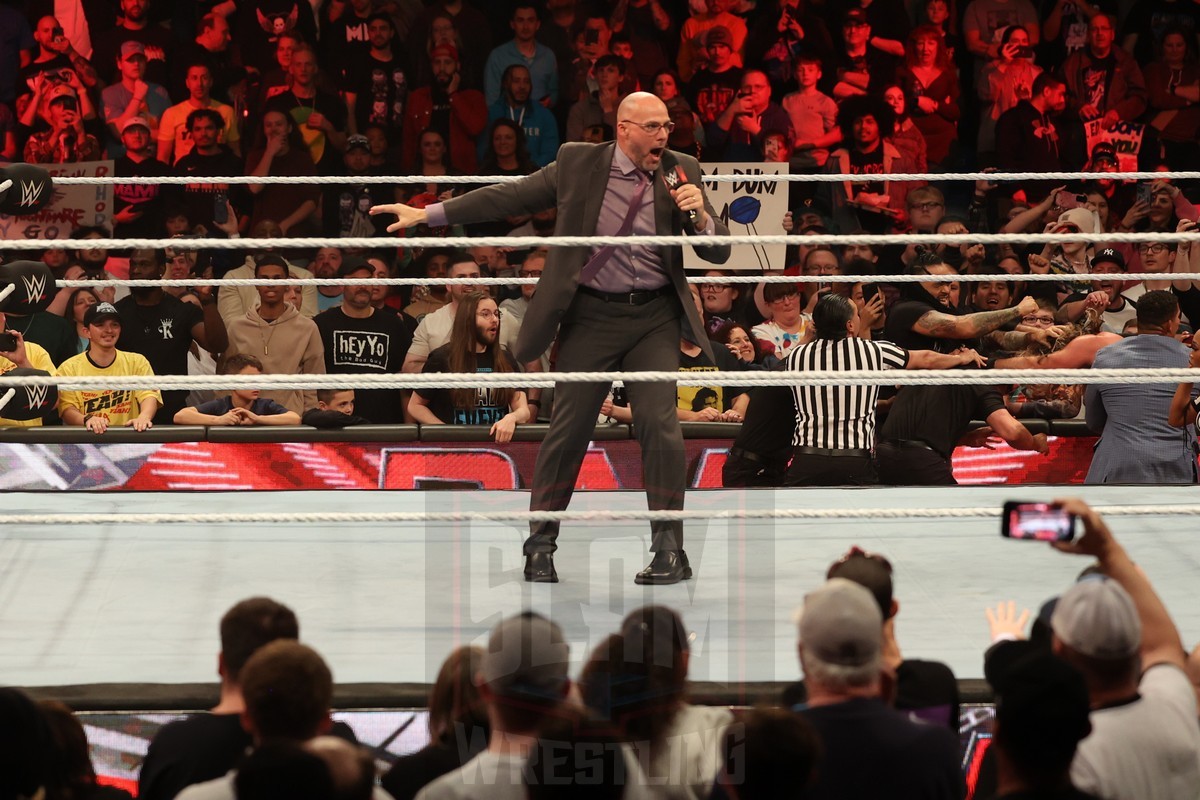 Adam Pearce announces War Games at WWE Monday Night Raw on November 6, 2023, at the Mohegan Sun Arena at Casey Plaza in Wilkes-Barre, PA. Photo by George Tahinos, https://georgetahinos.smugmug.com