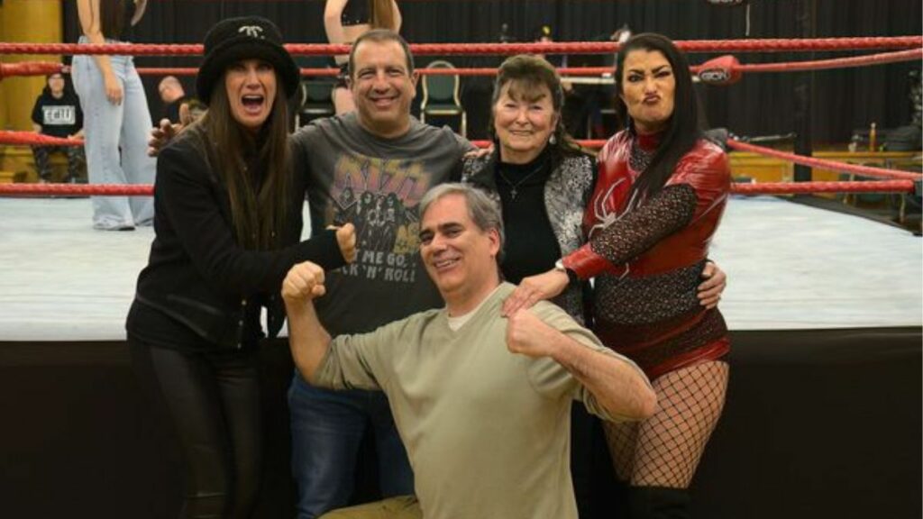 Madusa, Michael Drukarsh, Helen Peebles, Lisa Marie Varon and a flexing Greg Oliver on Saturday, November 11, 2023. Photo by Michael Drukarsh