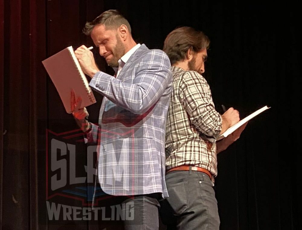 Nigel McGuinness asks an audience member to write down a wrestling finisher. Photo by Mike Lano, WReaLano@aol.com