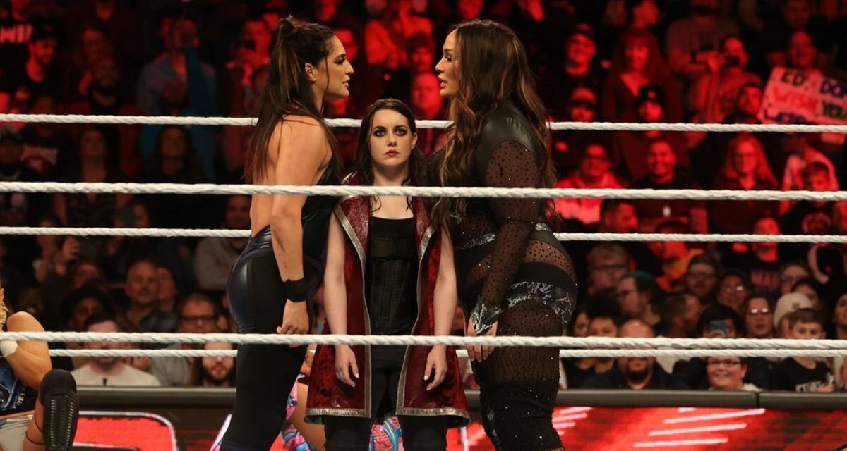 An inactive Nikki Cross stands between Raquel Rodriguez and Nia Jax in the Women’s World Championship Number One Contender Battle Royal at WWE Monday Night Raw on November 6, 2023, at the Mohegan Sun Arena at Casey Plaza in Wilkes-Barre, PA. Photo by George Tahinos, https://georgetahinos.smugmug.com