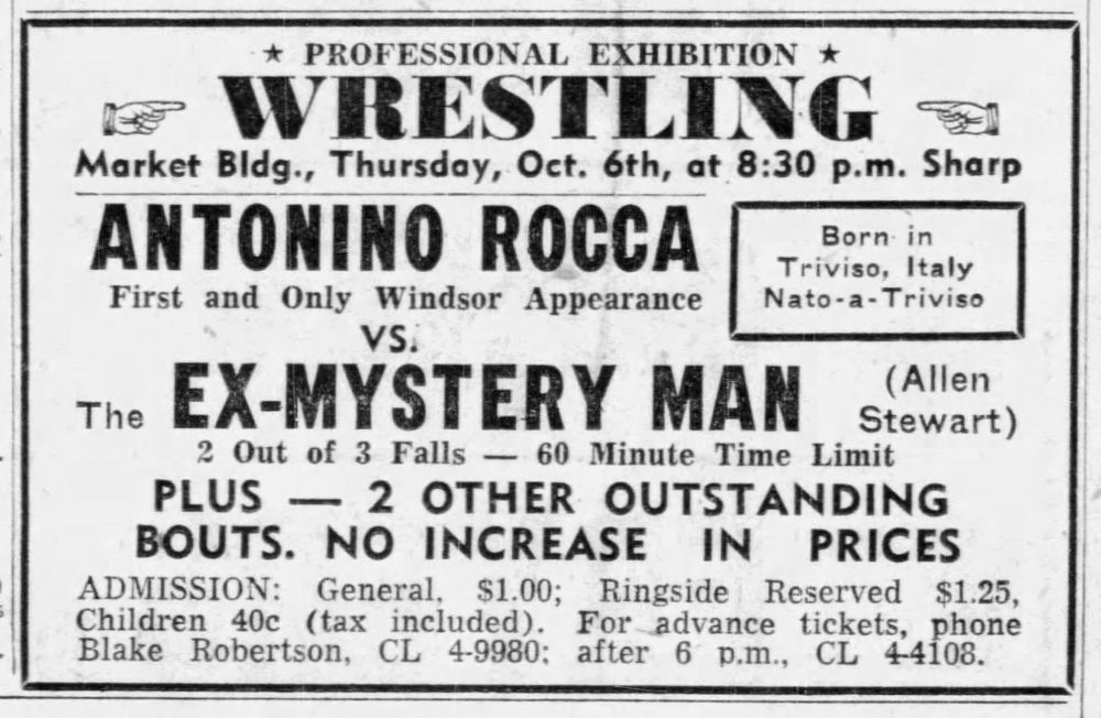 Antonino Rocca vs an unmasked Allan Stewart in Windsor, Ontario, on October 6, 1955. Courtesy Jamie Greer