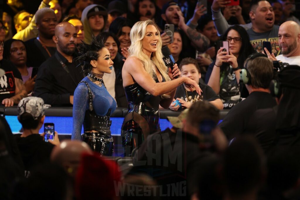 Shotzi Blackheart and Charlotte Flair address Bianca Belair at WWE Smackdown on Friday, December 1, 2023, at the Barclays Center in Brooklyn, ny. Photo by George Tahinos, https://georgetahinos.smugmug.com