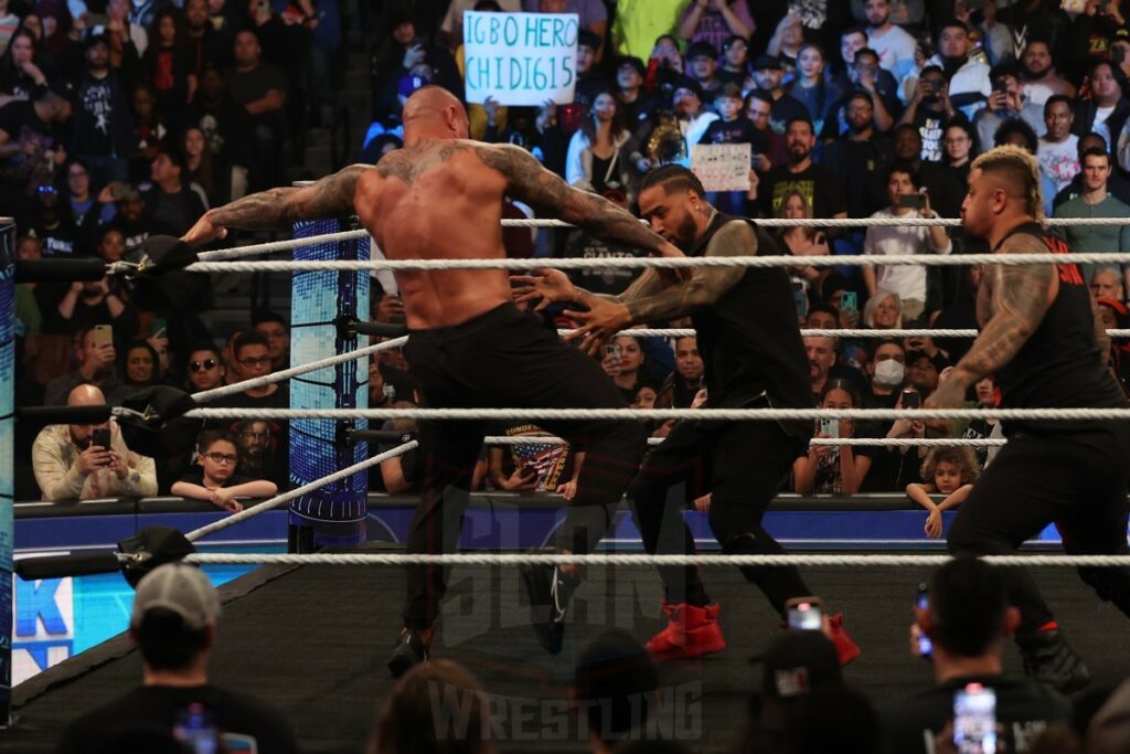 The Bloodline attack Randy Orton at WWE Smackdown on Friday, December 1, 2023, at the Barclays Center in Brooklyn, ny. Photo by George Tahinos, https://georgetahinos.smugmug.com