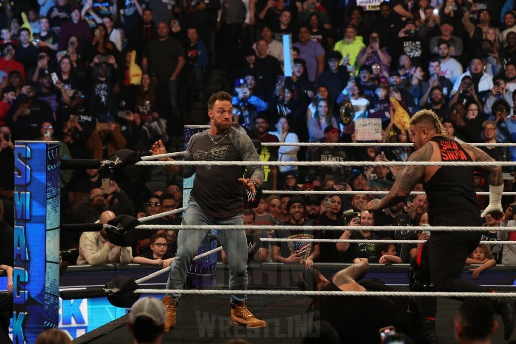 LA Knight comes to Randy Orton's aid against the Bloodline at WWE Smackdown on Friday, December 1, 2023, at the Barclays Center in Brooklyn, ny. Photo by George Tahinos, https://georgetahinos.smugmug.com