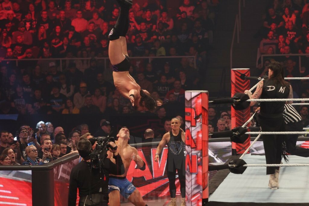 The Creed Brothers (Julius & Brutus) Vs. The Judgement Day (JD McDonagh & Dominik Mysterio) at WWE Monday Night Raw at the MVP Arena, in Albany, NY, on December 4, 2023. Photo by George Tahinos, georgetahinos.smugmug.com