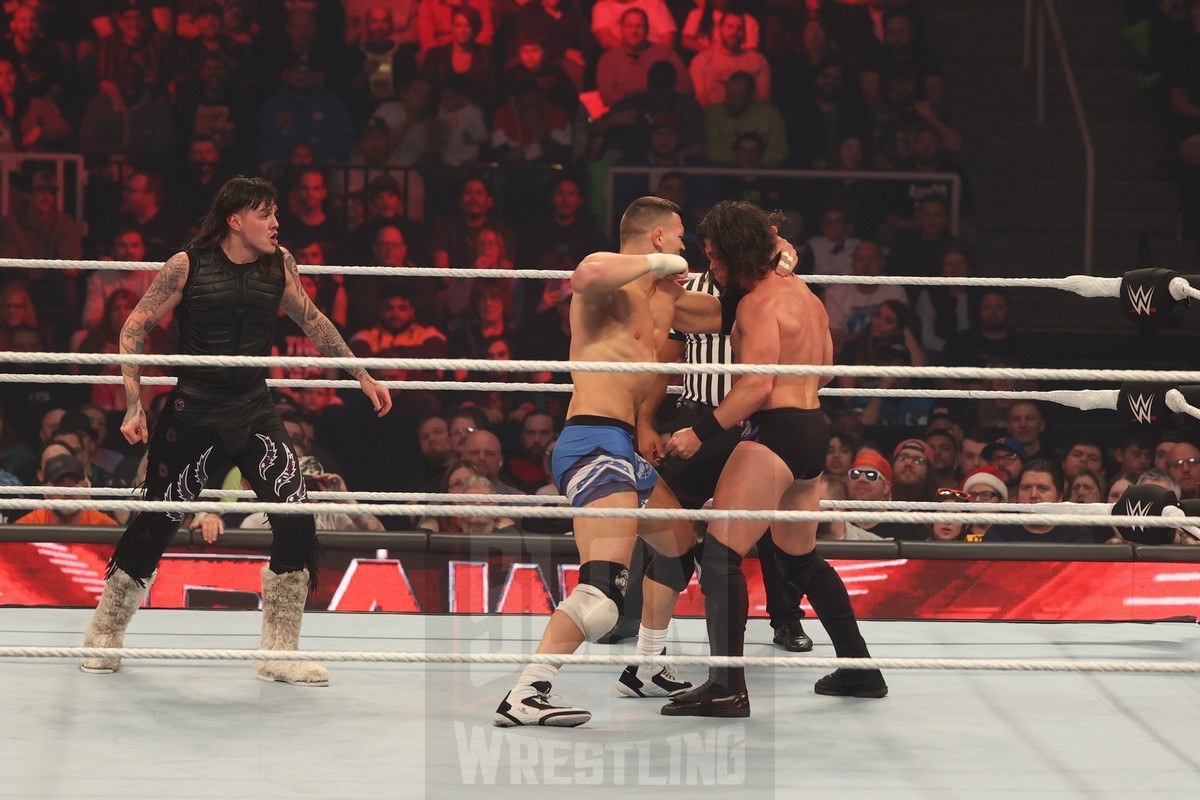 The Creed Brothers (Julius & Brutus) Vs. The Judgement Day (JD McDonagh & Dominik Mysterio) at WWE Monday Night Raw at the MVP Arena, in Albany, NY, on December 4, 2023. Photo by George Tahinos, georgetahinos.smugmug.com