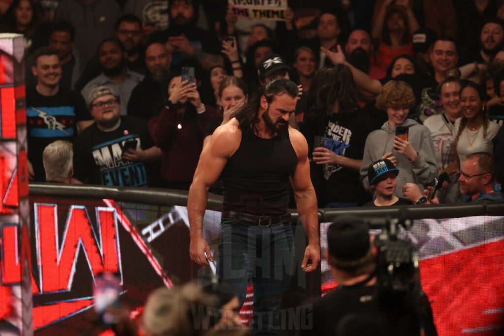 Drew McIntyre makes his moves post-Seth Rollins Vs. Jey Uso at WWE Monday Night Raw at the MVP Arena, in Albany, NY, on December 4, 2023. Photo by George Tahinos, georgetahinos.smugmug.com