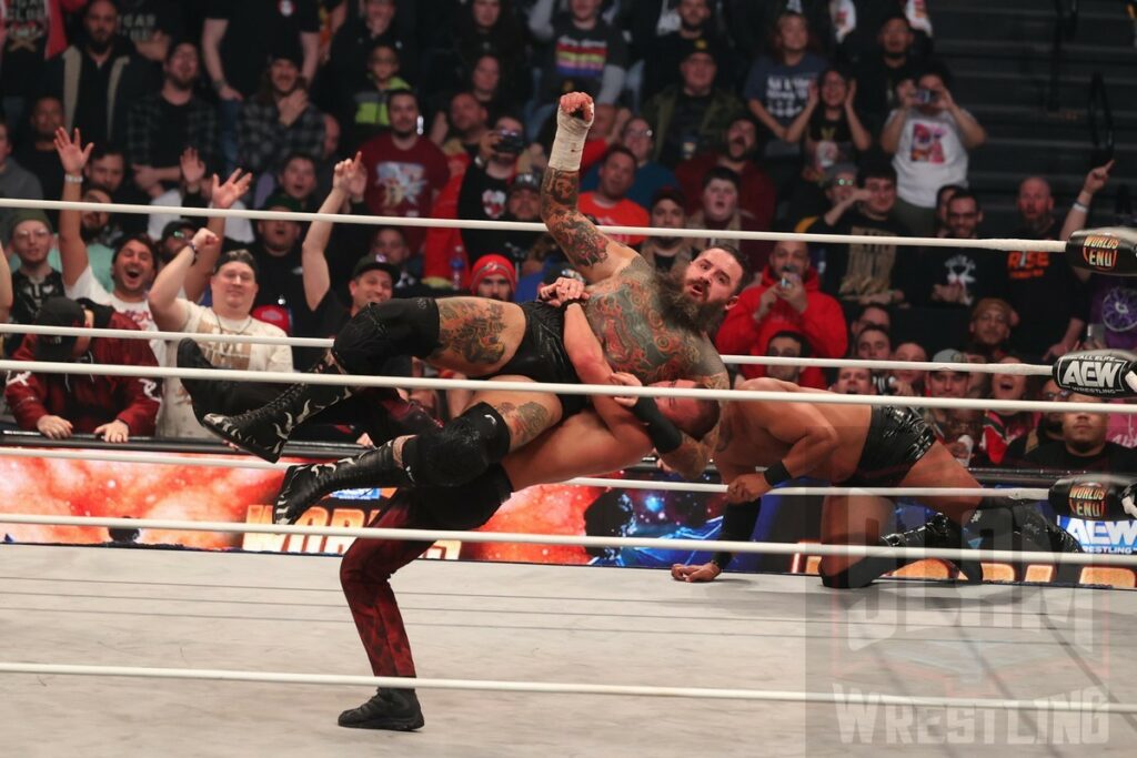 Brody King, Jay Lethal, Rush, And “Switchblade” Jay White (W/ Jose) Vs. Claudio Castagnoli, Mark Briscoe, Daniel Garcia, And Bryan Danielson at AEW Worlds End on Saturday, December 30, 2023, at the Nassau Veterans Memorial Coliseum in Uniondale, New York. Photo by George Tahinos, georgetahinos.smugmug.com
