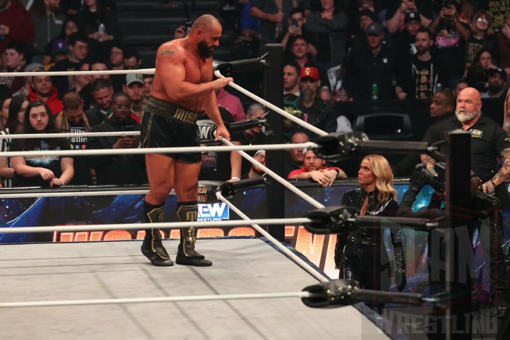 Miro looks at CJ Perry at AEW Worlds End on Saturday, December 30, 2023, at the Nassau Veterans Memorial Coliseum in Uniondale, New York. Photo by George Tahinos, georgetahinos.smugmug.com