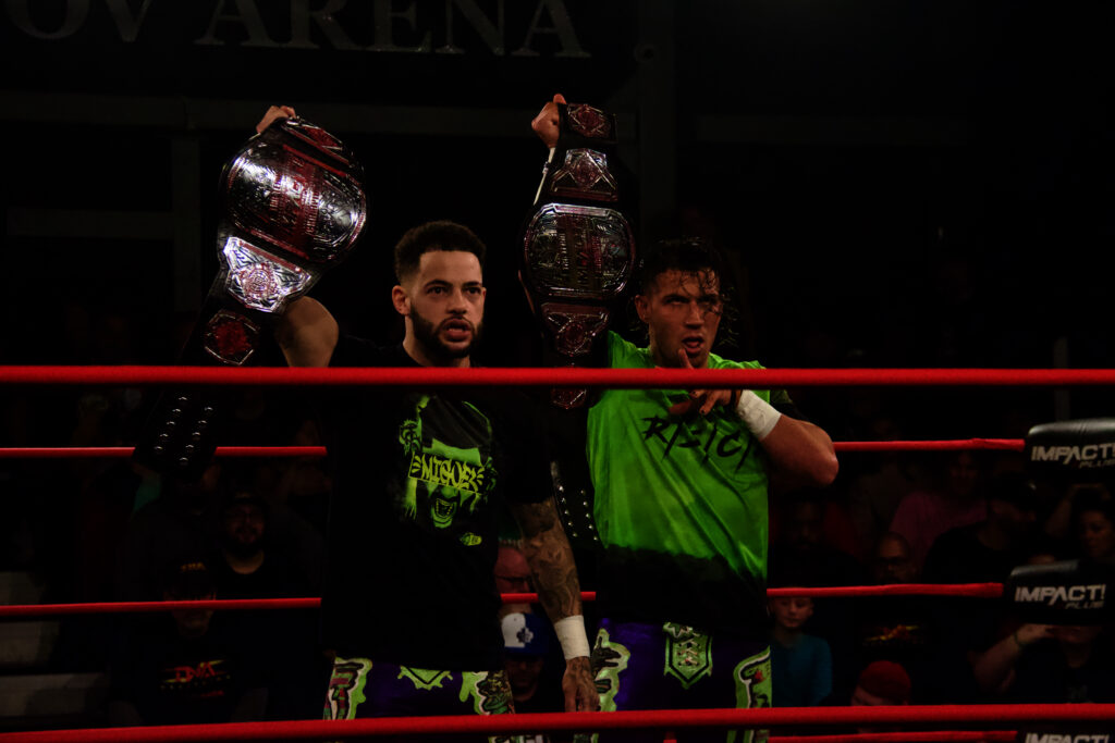 Trey Miguel and Zachary Wentz of the Rascalz with the IMPACT World Tag Team Championship belts at Final Resolution at Don Kolov Arena in Mississauga, Ontario on Sat. Dec. 9, 2023. Photo by Steve Argintaru, Twitter/Instagram: @stevetsn