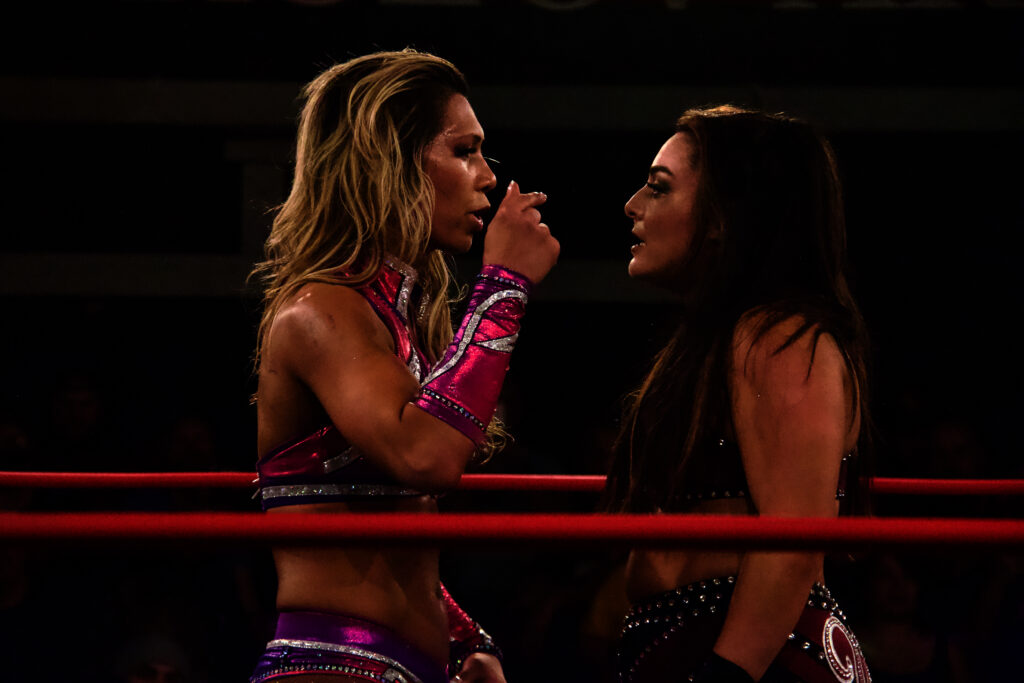 Deonna Purrazzo & Gisele Shaw after their loss to Trinity and Jordynne Grace at IMPACT Wrestling: Final Resolution at Don Kolov Arena in Mississauga, Ontario on Sat. Dec. 9, 2023. Photo by Steve Argintaru, Twitter/Instagram: @stevetsn