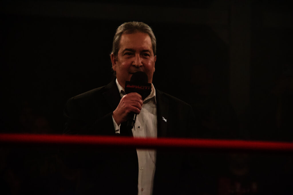 Ring announcer David Penzer introduces the main event of IMPACT Wrestling: Final Resolution at Don Kolov Arena in Mississauga, Ontario on Sat. Dec. 9, 2023. Photo by Steve Argintaru, Twitter/Instagram: @stevetsn