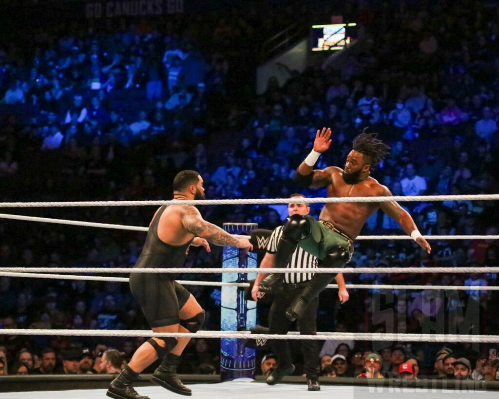 Cedric Alexander dropicks Gable Steveson in a dark match at WWE Friday Night Smackdown at the Rogers Arena in Vancouver, BC, on January 5, 2024. Photo by Josh Ruckstuhl, @IG: joshruckstuhlphotography