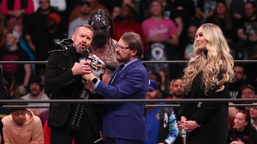 Tony Schiavone interviews Christian Cage, as Killswitch and Shayna Wayne stand by at AEW Dynamite on Wednesday, January 3, 2024 at the Prudential Center in Newark, NJ. Photo by George Tahinos, https://georgetahinos.smugmug.com