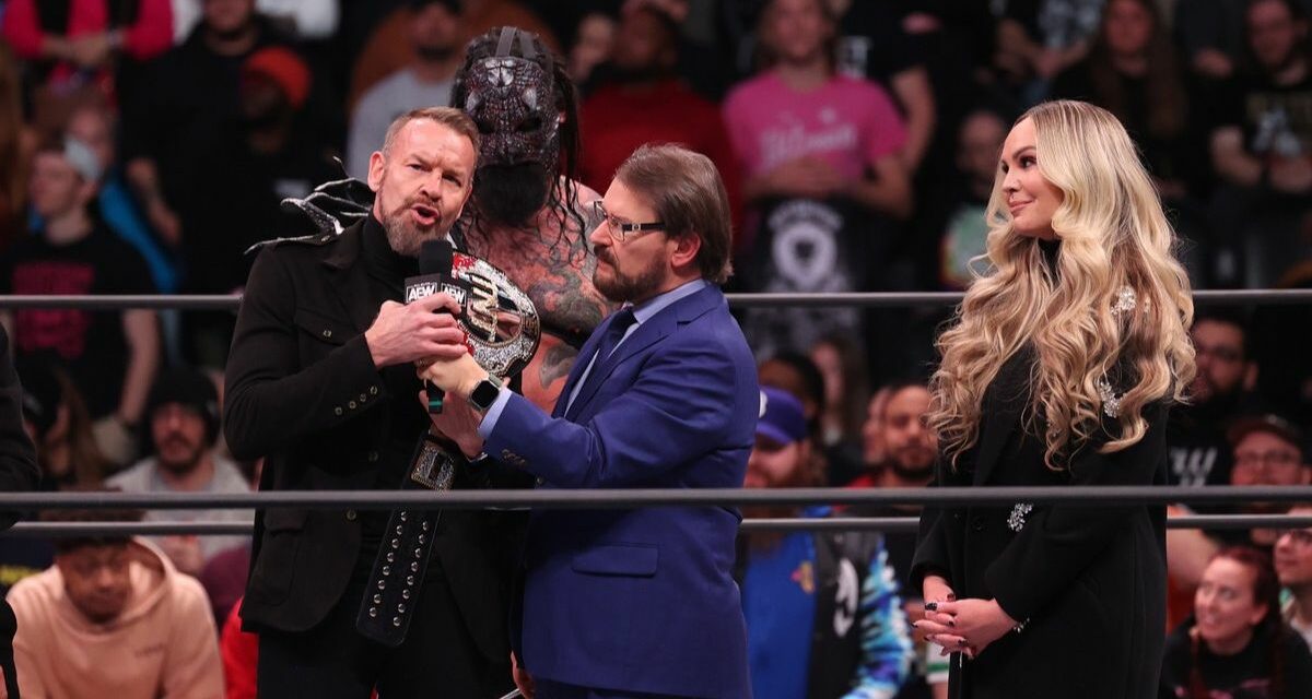 Tony Schiavone interviews Christian Cage, as Killswitch and Shayna Wayne stand by at AEW Dynamite on Wednesday, January 3, 2024 at the Prudential Center in Newark, NJ. Photo by George Tahinos, https://georgetahinos.smugmug.com