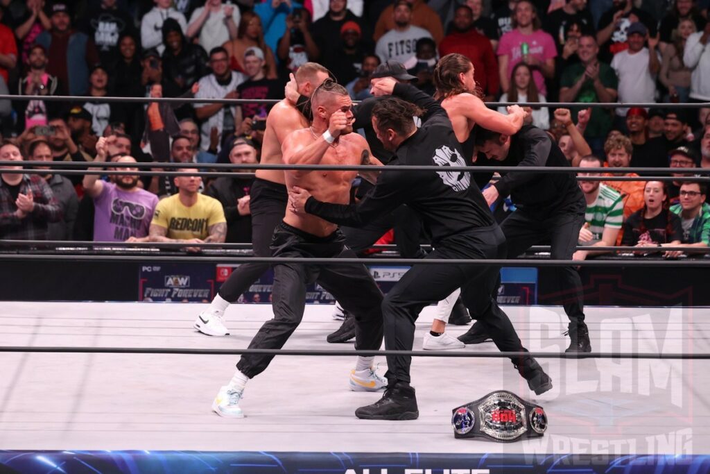 The Gunns and Jay White battle Adam Cole, Roderick Strong, Mike Bennett, Matt Taven, and Wardlow at AEW Dynamite on Wednesday, January 3, 2024 at the Prudential Center in Newark, NJ. Photo by George Tahinos, https://georgetahinos.smugmug.com