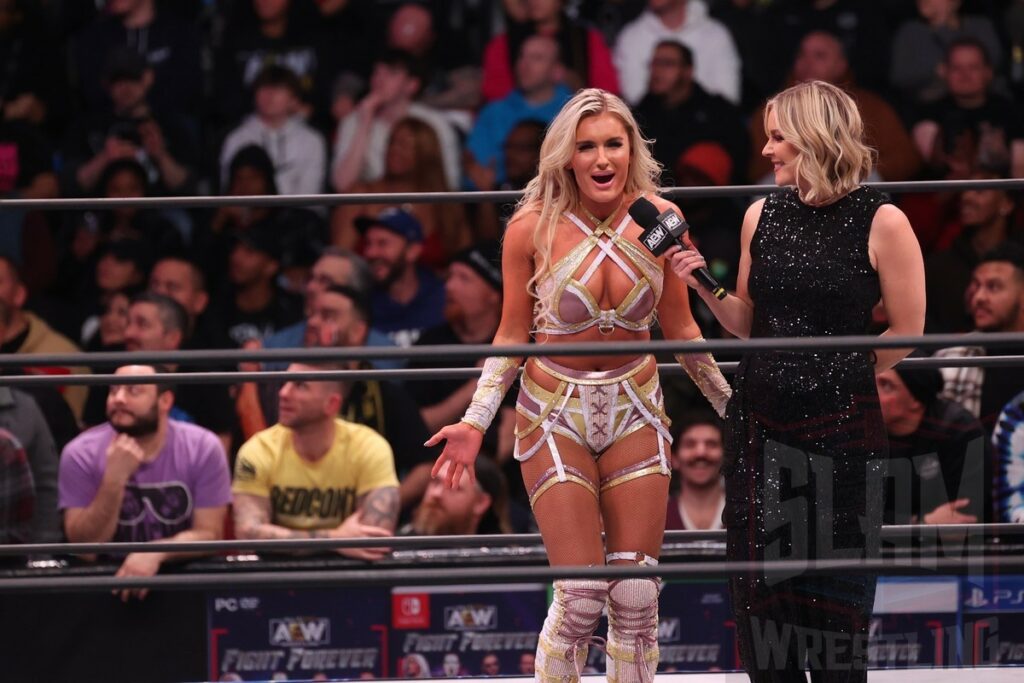 Mariah May talks with Renee Paquette at AEW Dynamite on Wednesday, January 3, 2024 at the Prudential Center in Newark, NJ. Photo by George Tahinos, https://georgetahinos.smugmug.com