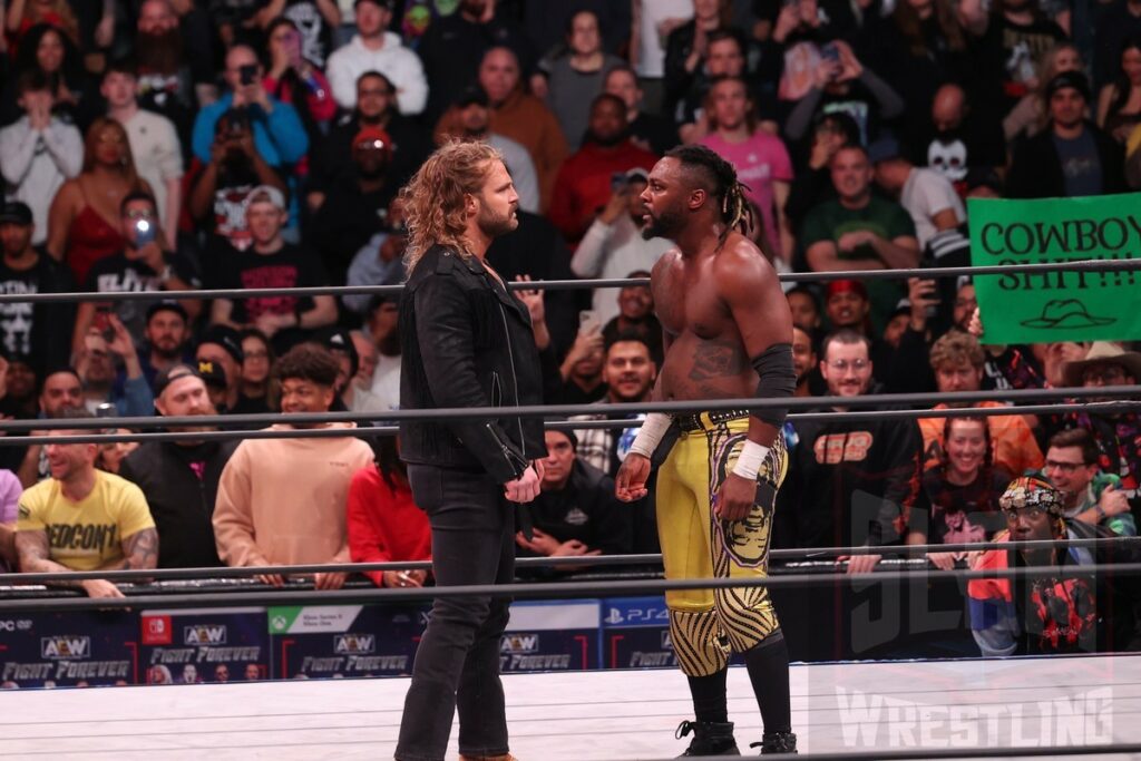 Hangman Adam Page faces off with Swerve Strickland at AEW Dynamite on Wednesday, January 3, 2024 at the Prudential Center in Newark, NJ. Photo by George Tahinos, https://georgetahinos.smugmug.com