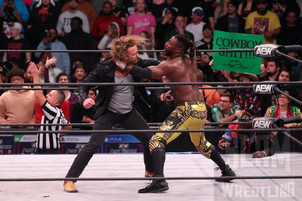Hangman Adam Page fights Swerve Strickland at AEW Dynamite on Wednesday, January 3, 2024 at the Prudential Center in Newark, NJ. Photo by George Tahinos, https://georgetahinos.smugmug.com