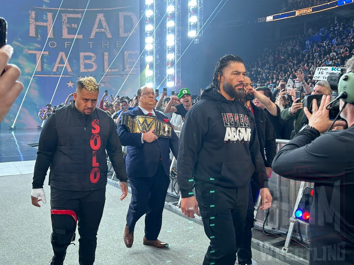 The Bloodline (Solo Sikoa, Roman Reigns and Jimmy Uso) with Paul Heyman at WWE Friday Night Smackdown at the Rogers Arena in Vancouver, BC, on January 5, 2024. Photo by Ben Lypka