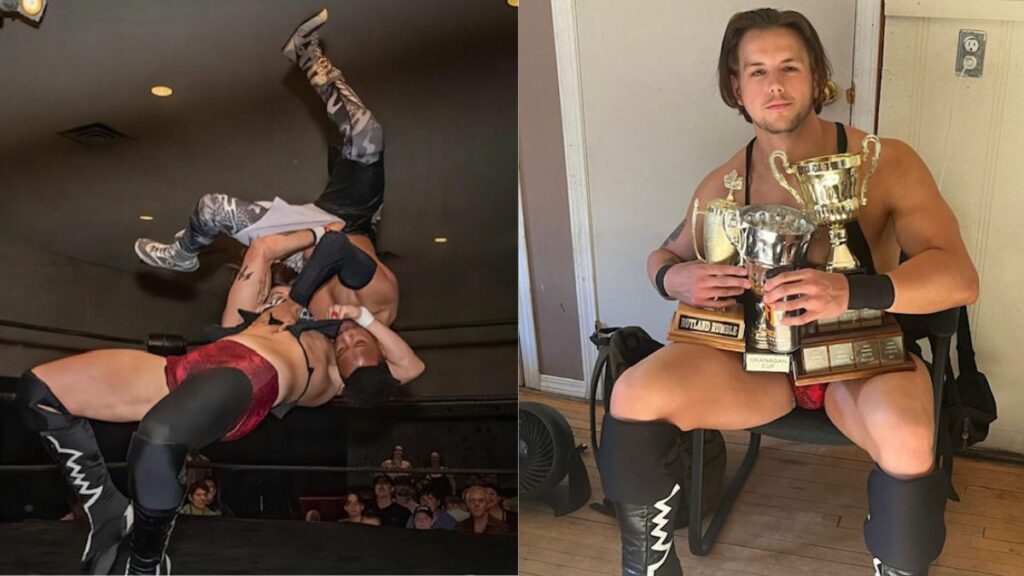 Shawn Murphy Wrestling and Shawn Murphy holding three trophies.