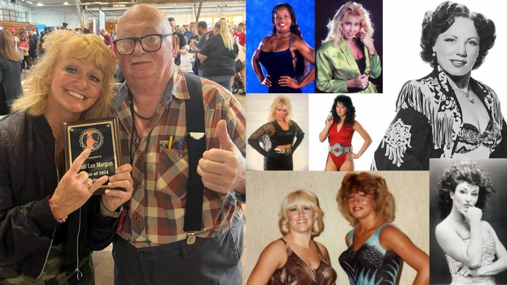 Women's Wrestling Hall of Fame inductees for 2024 include, clockwise from left, Heidi Lee Morgan (with her father, Les Morgan), Jacqueline Moore, Missy Hyatt, June Byers, Sherri Martel, Joyce Grable & Wendi Richter, and, center, Baby Doll and Rockin' Robin Smith.