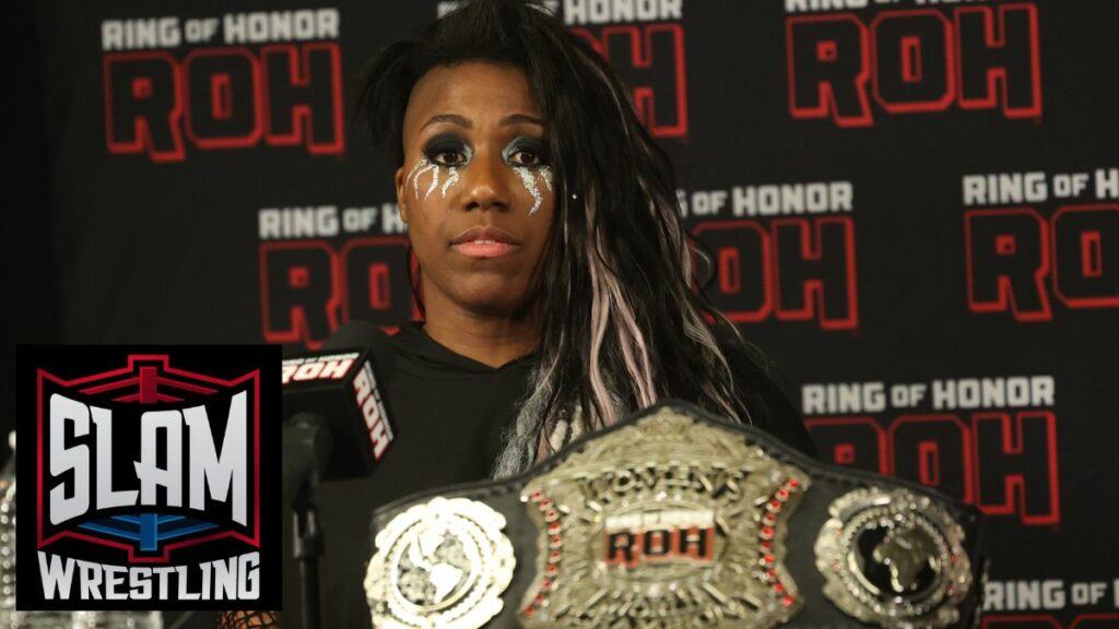 ROH Women's World Champion Athena at media scrum at CURE Insurance Arena, in Trenton, on Friday, July 21, 2023. Photo by George Tahinos, georgetahinos.smugmug.com