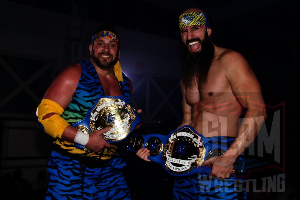 Colt Cabana and Brandon Cutler as World Jewish Tag Team Champions at the Reena Rumble on Tuesday, February 6, 2024, at The Warehouse in Toronto, Ontario. Photo by Steve Argintaru, Twitter: @stevetsn Instagram: @stevetsn
