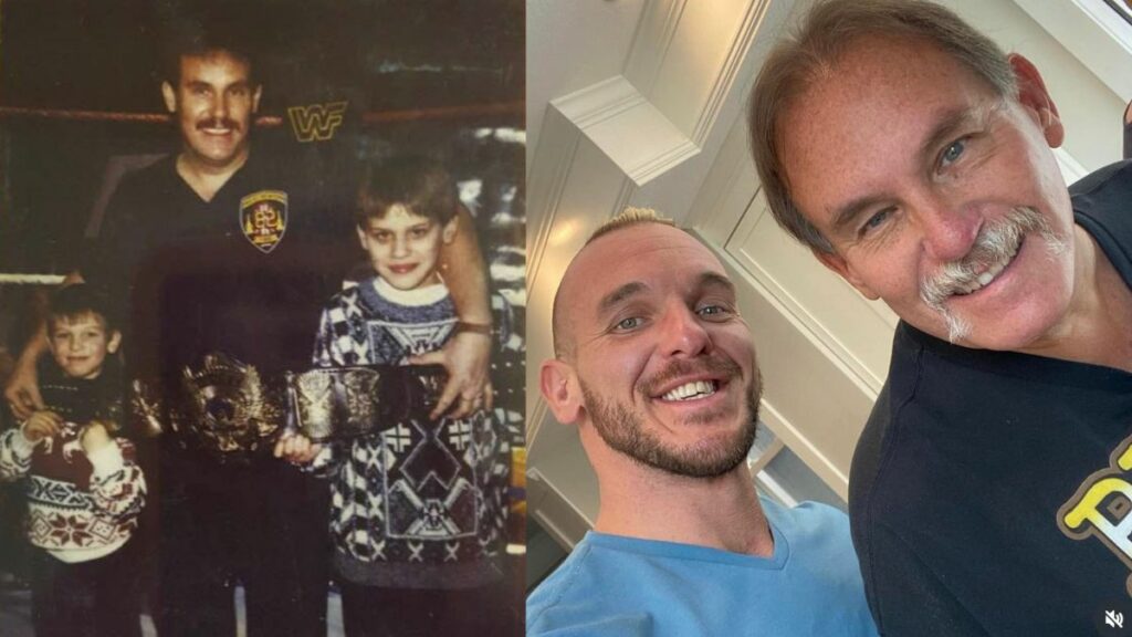 Left, Dan Polinsky with the future Sam Adonis and Corey Graves; right, Sam and Dan many years later. Facebook photo